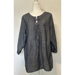 Harve Bernard Women1X Roll-Tab Sleeve Linen Blend Tunic Top Lagenlook Minimalist